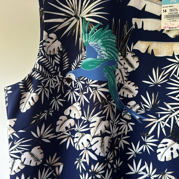 J McLaughlin Belinda Parrot Kay Navy and Teal Sheath Dress NWT Size 14 - Picture 2 of 9